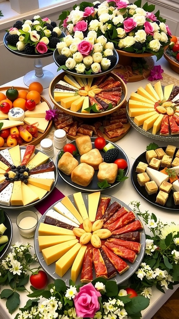 A beautifully arranged appetizer and dessert table with cheese, meats, vegetables, and mini desserts.